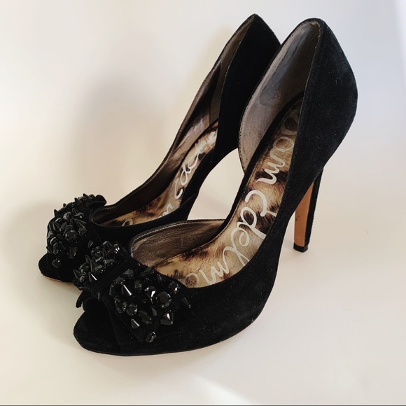 Sam Edelman Suede Peep Toe Heels with Studded Bow - Picture 3 of 7